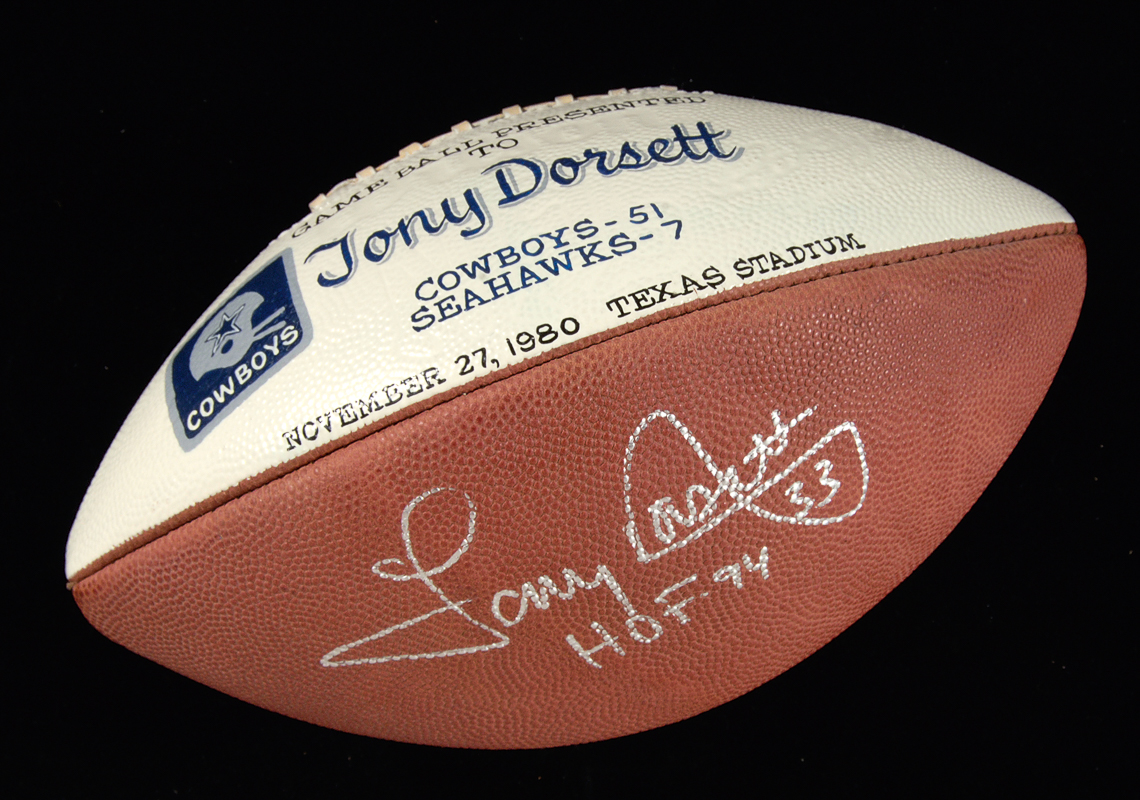 Nov. 27, 1980 Tony Dorsett Dallas Cowboys presentational game ball. Current bid: $630.